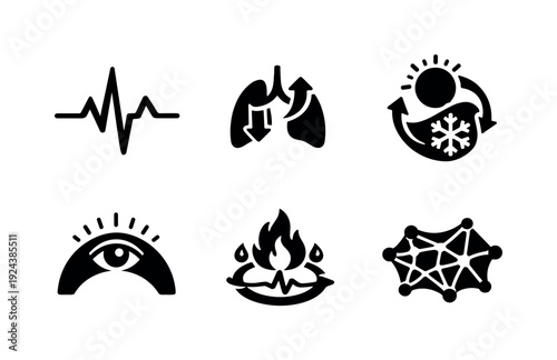 Solid style icons of physiological cues for time perception: heartbeat rhythm, breathing cadence, temperature cycle, sensory
