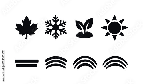 Seasonal Icon Rhythms. Solid style icons of Republican month motifs: autumn month leaf, winter month frost symbol, spring month