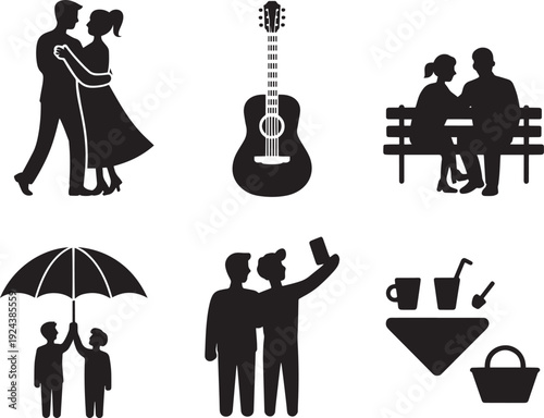 Couple dancing with guitar and couple on bench icons vector set