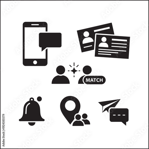 Dating application interface icons showing mobile chat profiles and user matching symbols