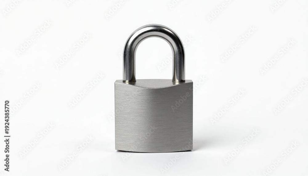 Fototapeta premium A sturdy, secure metal padlock without markings, featuring a brushed texture, isolated on a white studio background.
