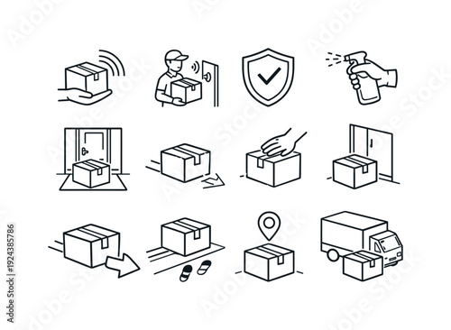 Line style vector icons of contactless delivery: contactless, delivery, safe, hygiene; doorstep, leave, drop, place; package,