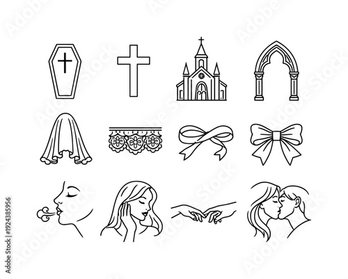 Line style icons of gothic romance mood: coffin, cross, chapel, arch; veil, lace, ribbon, bow; sigh, longing, desire, passion