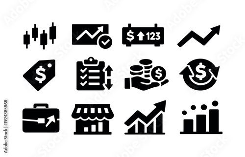 Solid vector icons of stock trading: stock, share, ticker, chart, price, order, trade, exchange, portfolio, market, trend, volume