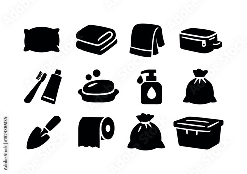 Solid vector icons of camping comfort and hygiene: pillow, blanket, towel, toiletry bag, toothbrush, toothpaste, soap, hand