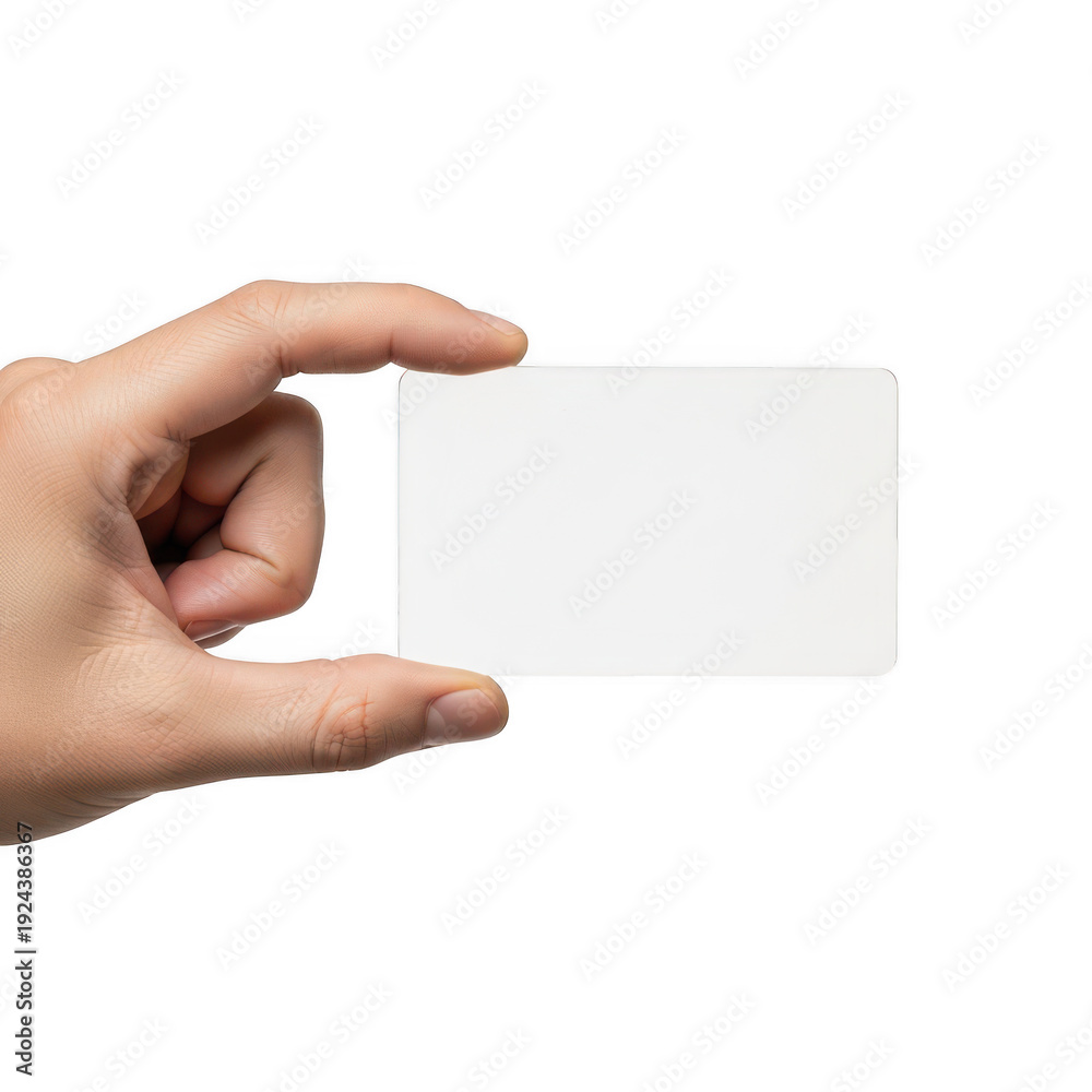 Obraz premium A hand holding a blank white card against a white background isolated on transparent background