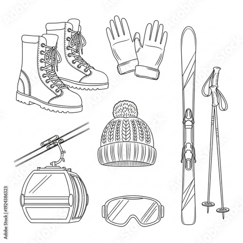 A set of black and white line art illustrations of various skiing and snowboarding equipment and accessories