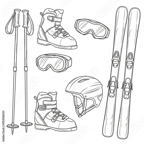 A vector graphic illustration of various skiing equipment including skis, boots, goggles, helmet, and poles on a white background