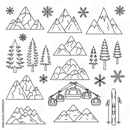 A minimalist vector graphic illustration of various winter mountain elements, including mountains, trees, snowflakes, ski lifts, and skiing equipment.
