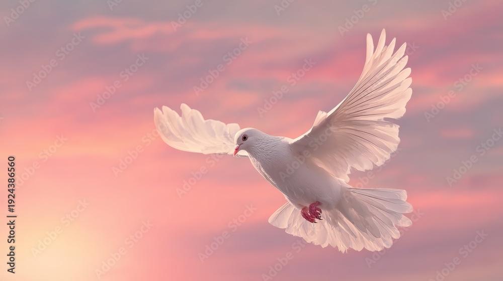 Obraz premium Graceful white dove soaring in vibrant pink sunset sky