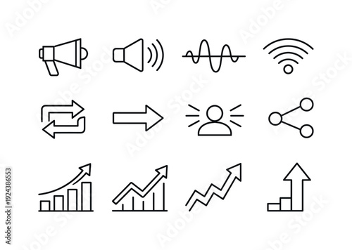 Viral Sharing Icons. Line style vector icons of viral sharing online: megaphone, sound, wave, signal; repost, forward, broadcast,