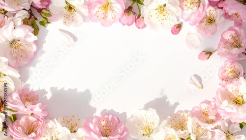 Spring blossom flowers framing the edges of the image, warm pastel tones, soft natural lighting, top view composition, clean white background in the center for copy space