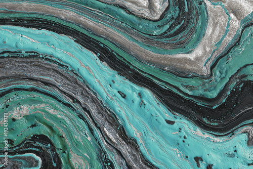 Abstract swirling patterns of turquoise black and silver paint textures create a mesmerizing visual effect