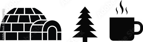 Winter icons including igloo tree and hot beverage