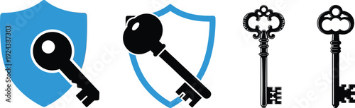 Security and protection icons with shields and keys