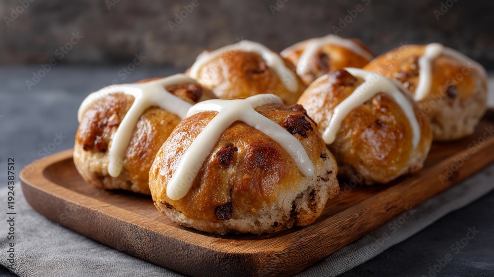 Fototapeta premium Hot cross buns freshly baked on a wooden board with icing crosses and spices, perfect for Easter holiday traditional food, festive seasonal baking, springtime treat, celebration, British tradition,