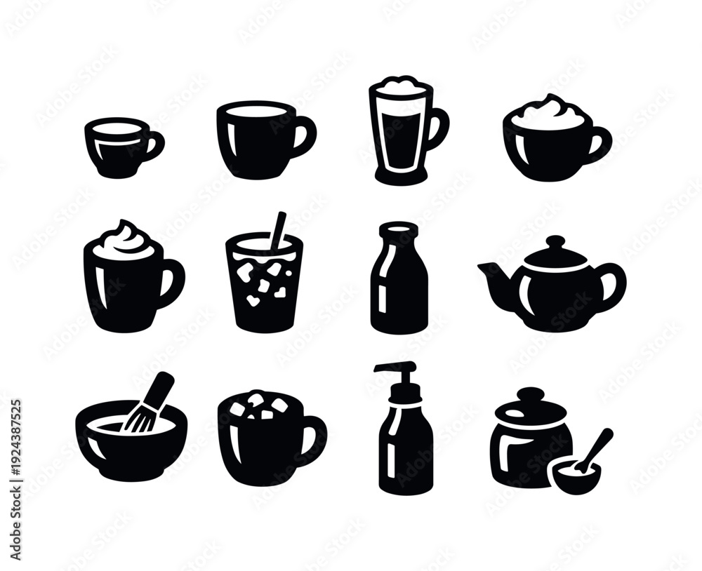 Obraz premium Solid vector icons of cafe beverage menu: espresso shot, americano cup, latte glass, cappuccino cup, mocha mug, iced coffee, cold