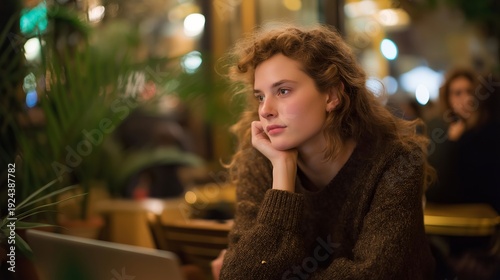 Wallpaper Mural A digital nomad sitting in a cozy café, realizing their lost signal while trying to work; the bustling atmosphere contrasts their frustration. Warm wooden interiors and scattered plants create a Torontodigital.ca