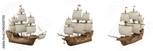 Niña isolated on white background, Christopher Columbus ship, 15th century caravel, transatlantic exploration vessel, Age of Discovery ship, Spanish fleet vessel, historical oceanic ship, maritime nav