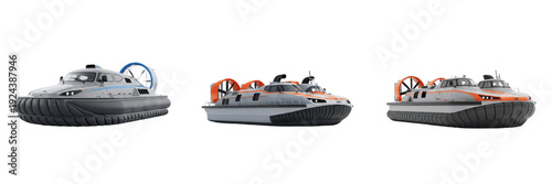 Hovercraft isolated on white background, amphibious vehicle, air-cushion vessel, high-speed watercraft, military hover ship, rescue hovercraft, modern amphibious transport vessel, ocean and river hove