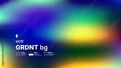 Abstract cinematic grainy mesh gradient vector background with floating dust particles. Smooth soft transitions of blue, green and yellow colors with high detail digital noise texture overlay.