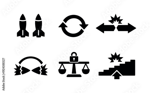 Deterrence Iconography. Solid style icons of mutually assured deterrence: mirrored missile icons, stalemate loop,