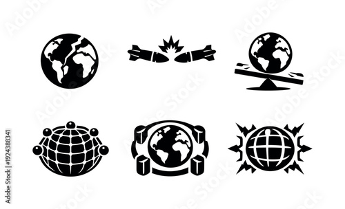 Solid style icons of precarious global stability: planet outline, opposing deterrence vectors, fragile balance line,