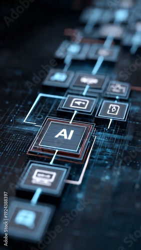 AI Processor Chip with Connected Workflow Icons, Artificial Intelligence Automation for Business Strategy, Smart Technology Network Concept