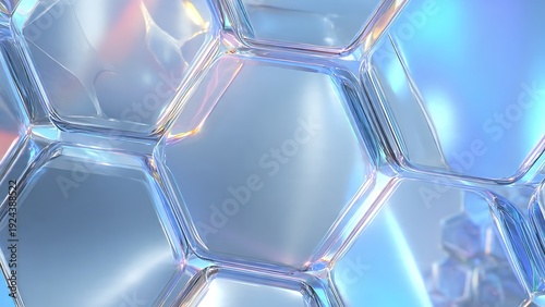 Close-up of transparent glass or plastic hexagonal cells with reflective surfaces hexagons
