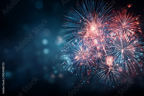 Vibrant red and blue fireworks explode against a dark blue bokeh background creating a festive and celebratory atmosphere