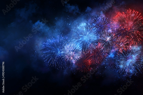 A spectacular display of red and blue fireworks illuminates the night sky with trails of light and smoky clouds
