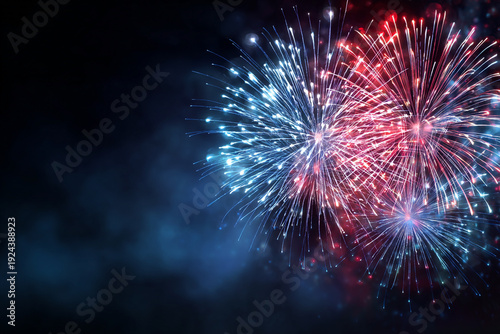 Exploding fireworks in red blue and white against a dark night sky with subtle smoke effects
