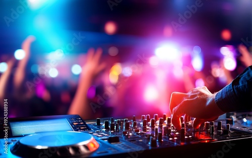 Wallpaper Mural DJ Performance with Console and Crowd Dancing Under Neon Lights Torontodigital.ca