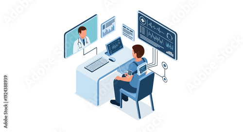 Doctor consulting patient remotely on computer with multiple screens.