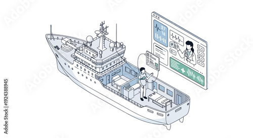 Detailed technical illustration of a research vessel with internal layout and accompanying infographic.