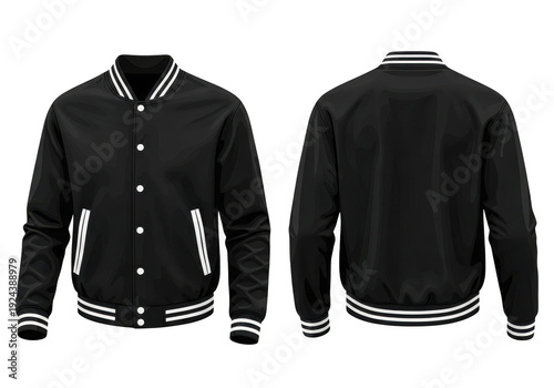 Black varsity jacket with white stripes, front and back view, classic sportswear fashion