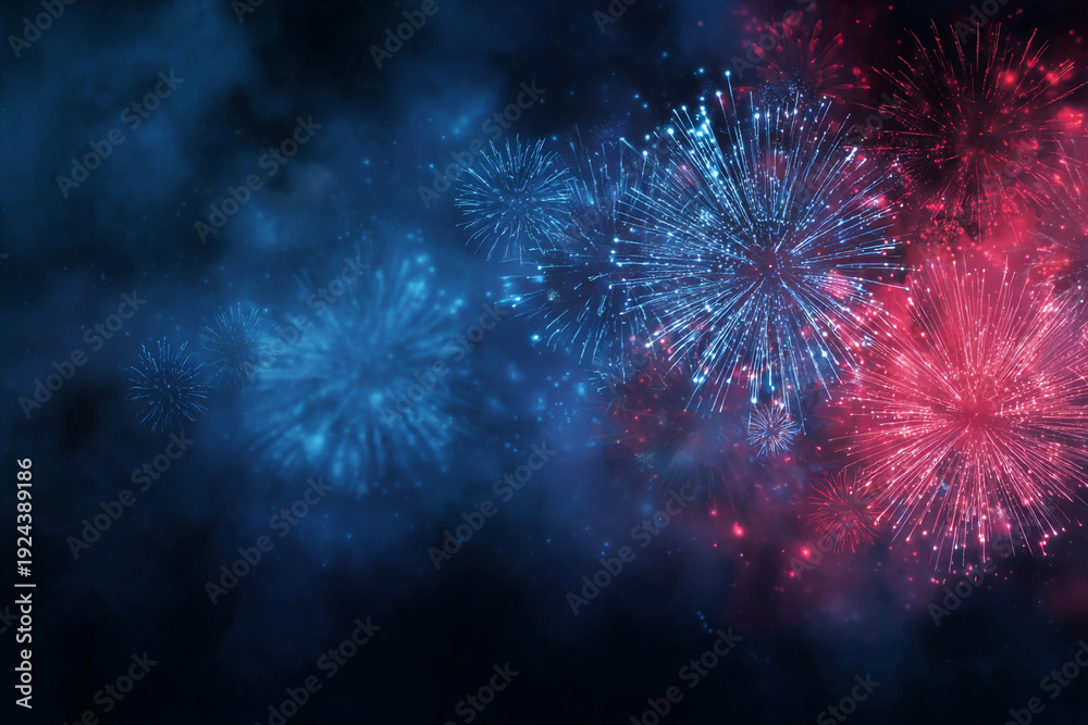 Fototapeta premium Vibrant red and blue fireworks burst against a smoky dark background creating a festive display