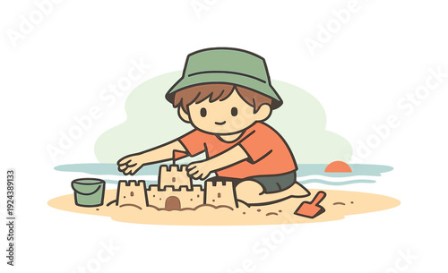 Gentle child builds a sandcastle by the sea, arms reaching forward as smooth sand forms walls near the waterline | child
