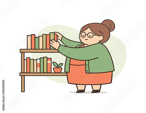 Soft librarian stands by a shelf organizing books, arms lifting volumes as spines align neatly and quiet order fills the space |