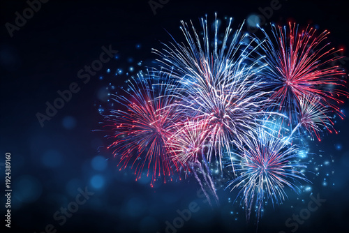 Dazzling red and white fireworks illuminate the dark night sky with bursts of light and sparkling trails creating a festive atmosphere
