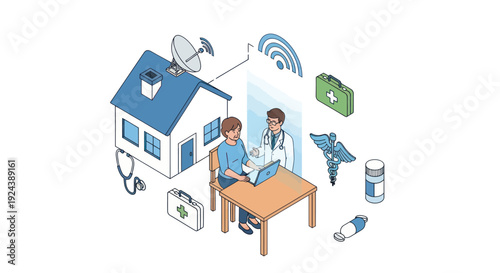 Telemedicine consultation between doctor and patient at home with medical supplies and technology.
