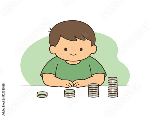 Nearby child finishes learning to count coins, last stack aligned, hands resting briefly, calm pause after counting. | counting
