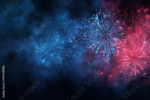 Vibrant red and blue fireworks burst against a smoky dark background creating a festive display