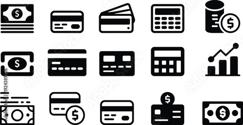 Finance payment icon collection credit card cash calculator banking money transaction symbols set for fintech business vector design