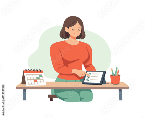 Calm person sets reminders at a desk, tapping a screen slowly, calendar open beside, focus gentle and steady. | setting reminders