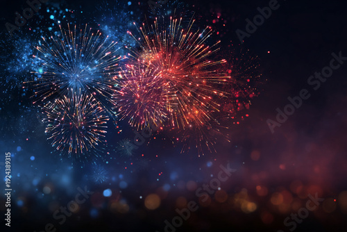 Colorful explosions of fireworks illuminate the night sky with dazzling bursts of blue and red light and glowing bokeh effects