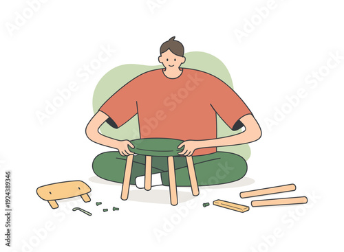 Bright person assembles a chair from parts, pieces spread on floor as hands fit legs and seat together calmly nearby | assembling