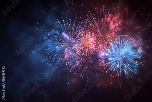 Vibrant red and blue fireworks explode against a dark night sky filling the frame with dazzling light and smoke