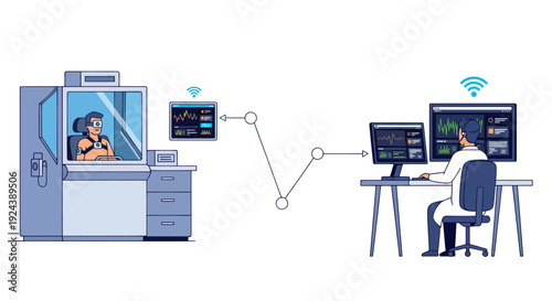 Remote monitoring of industrial machinery by a technician.
