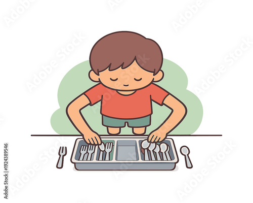 Peaceful child sorts forks and spoons into a tray, hands moving carefully as metal pieces line up neatly on a clean table. |